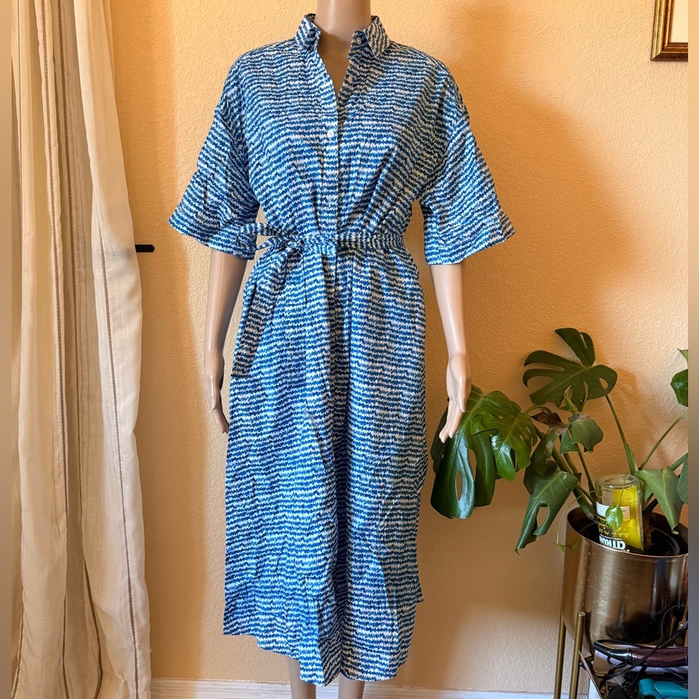 Tucker Safari Shirt Dress Cobalt Blue and White Striped Dress size S - Picture 2 of 5